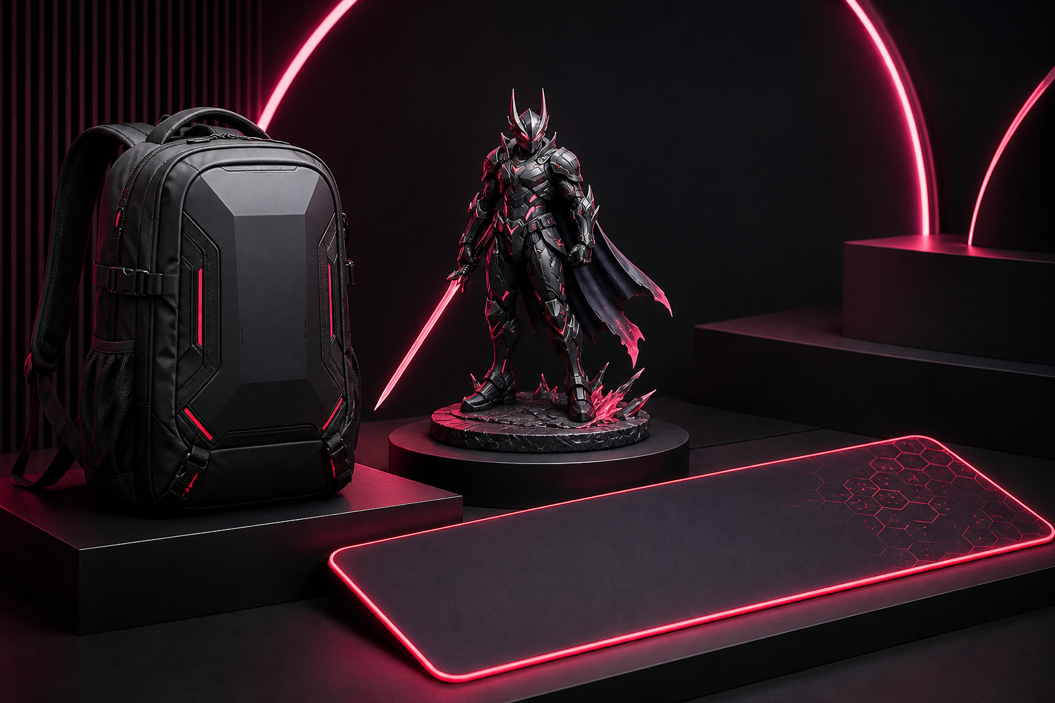 Bestseller collage with a backpack, collectible figure, and gaming desk mat