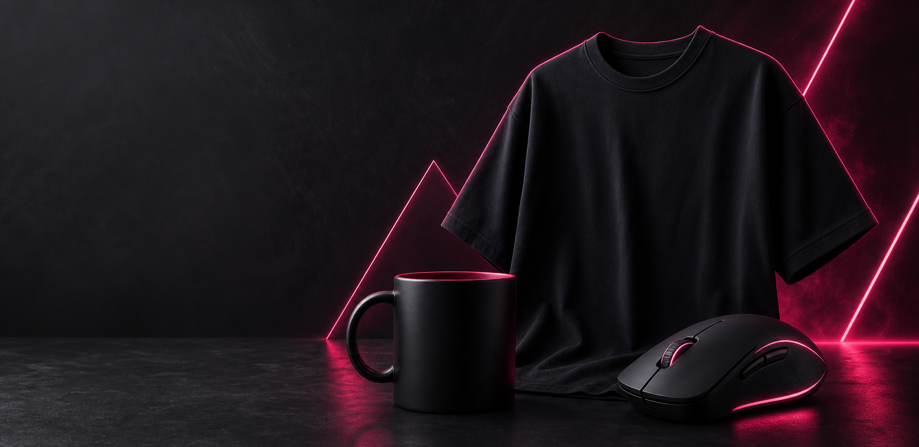 Gaming merchandise set with a T-shirt, mug, and mouse